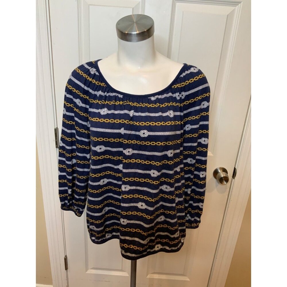 Michael Kors Blue Gold Chain Print Long Sleeve Top, Size M